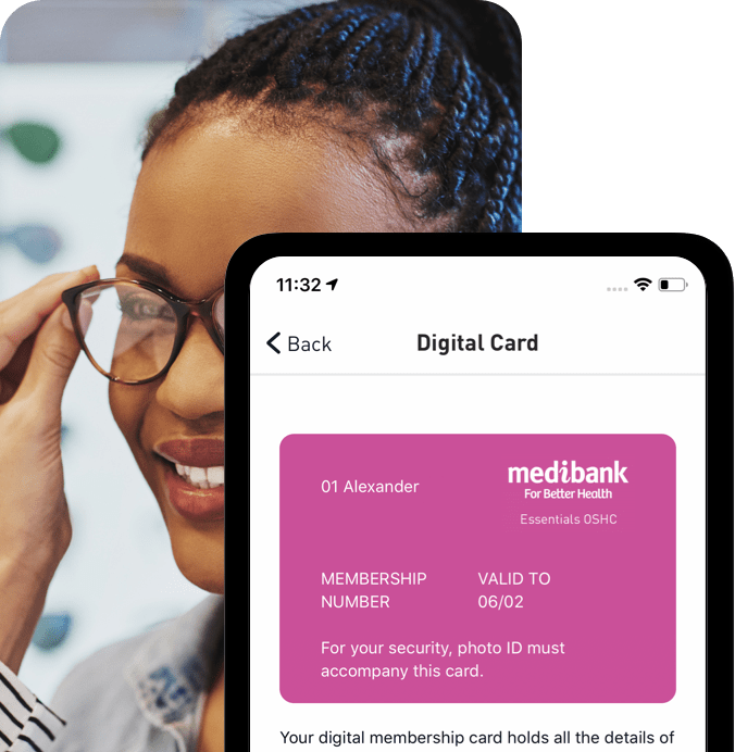 A student having an eye exam overlaid with a screenshot of the digital membership card function of the app